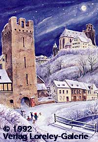 4012 Oberwesel am Rhein, Niederbachtal mit Klner-Tor-Turm und St.-Martins-Kirche,  1995 Verlag Loreley-Galerie